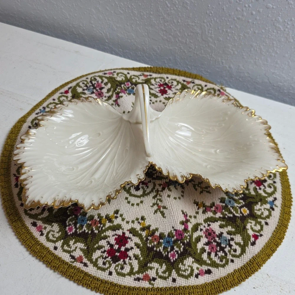 Vintage Lenox Double Embossed Leaf Divided Dish Monticello‎ Collection Blue Logo